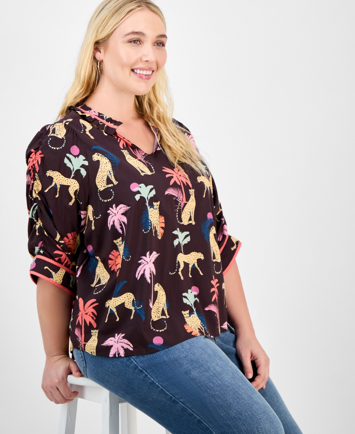 Democracy Trendy Plus Printed Elbow-sleeve Split-neck Top In Brown