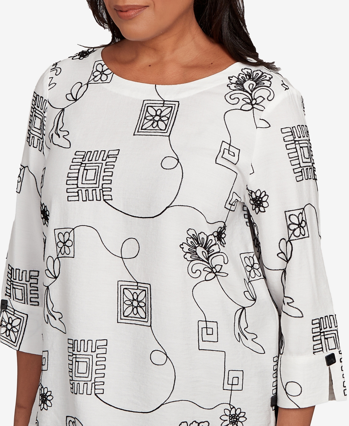 Alfred Dunner Petite Santa Barbara Geometric Floral Soutache Embroidered Top In Multi
