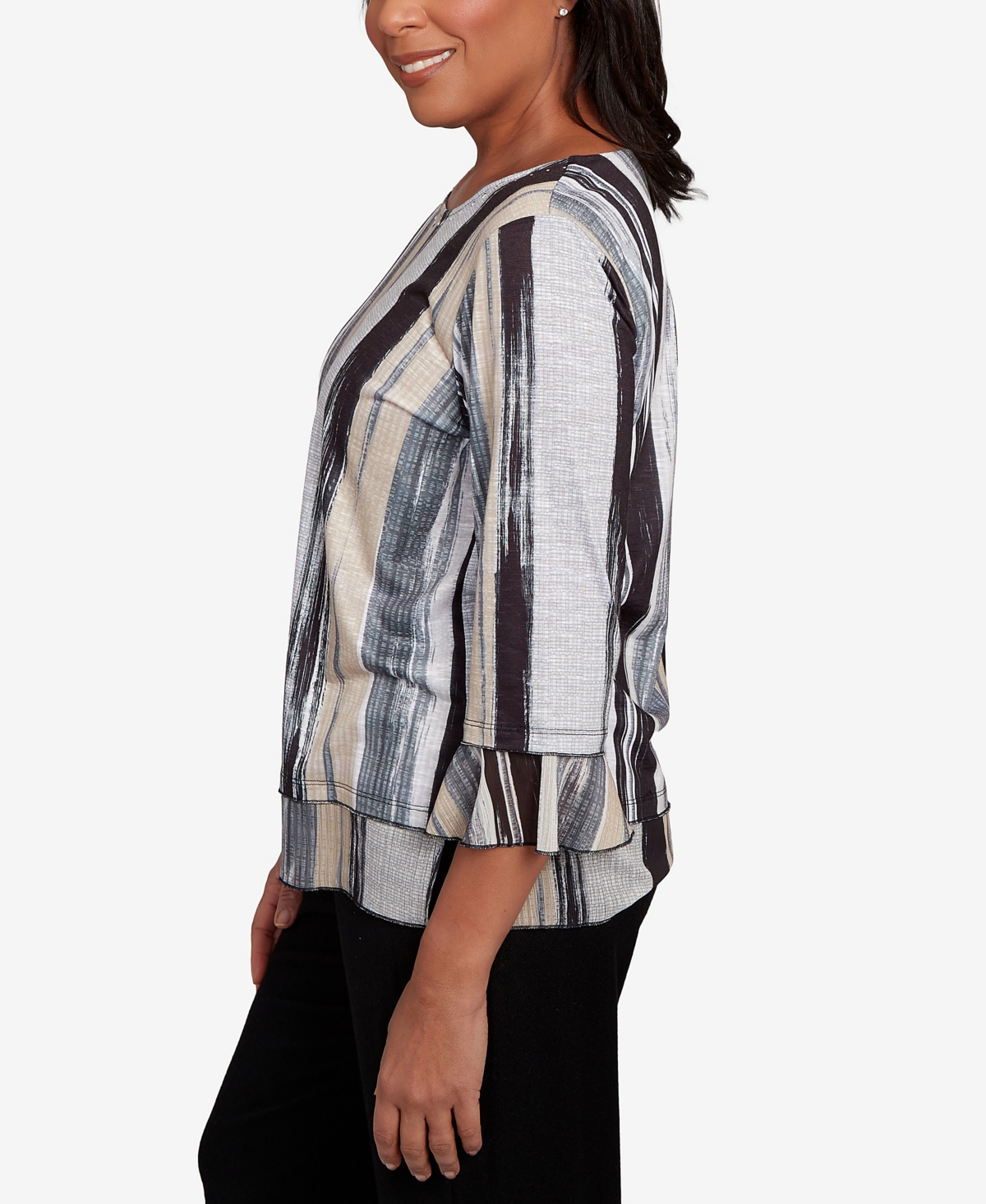 Alfred Dunner Petite Santa Barbara Etched Stripe Bell Sleeve Crew Neck Top In Multi