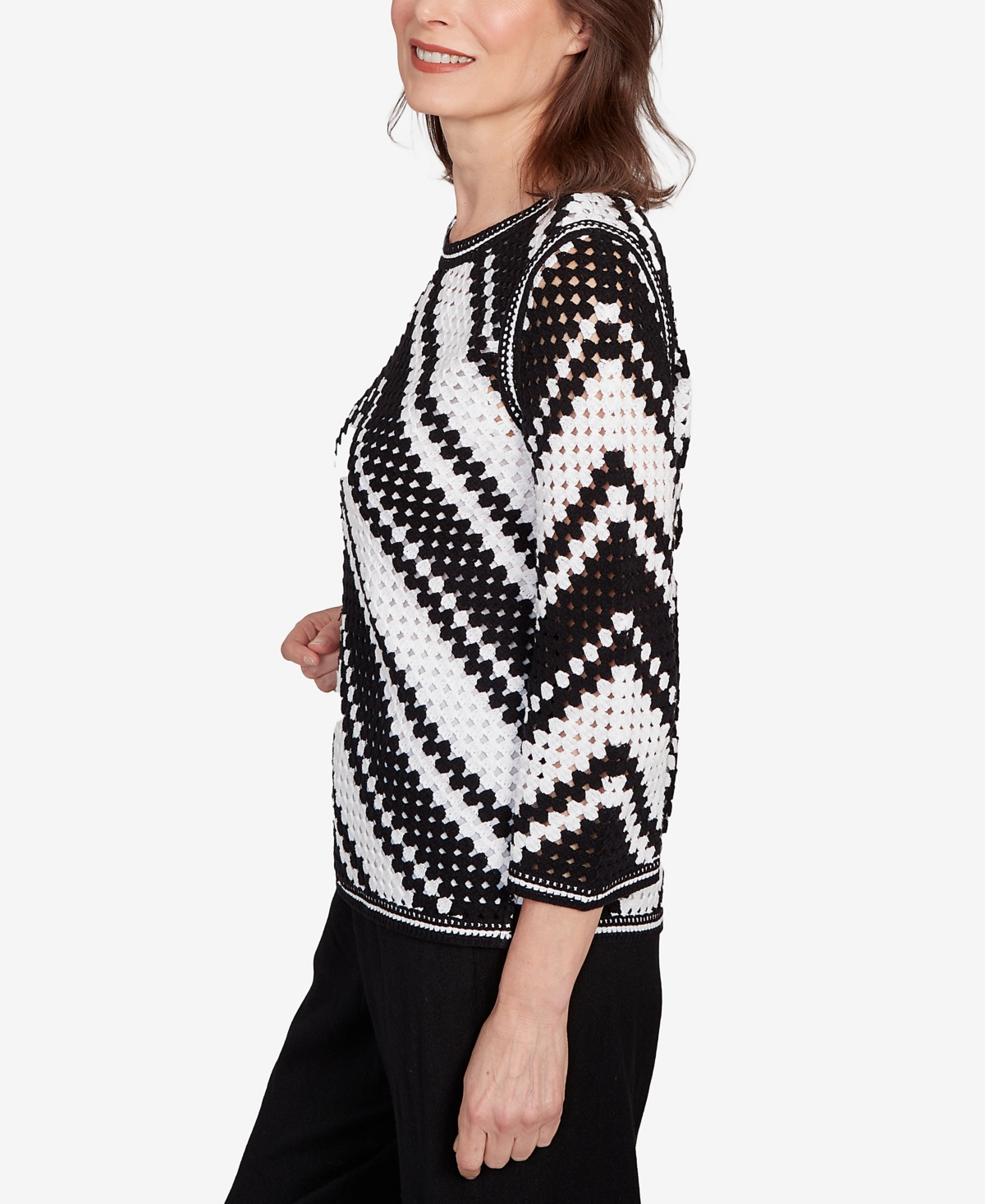 Alfred Dunner Petite Santa Barbara Chevron Crochet Bell Sleeve Crew Neck Top In Multi