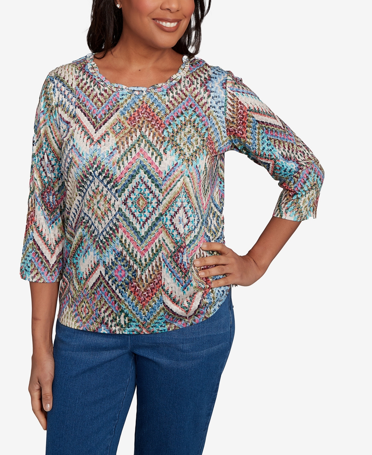 Women's El Paso Ikat Diamond Detailed Neckline Top - Blue Multi