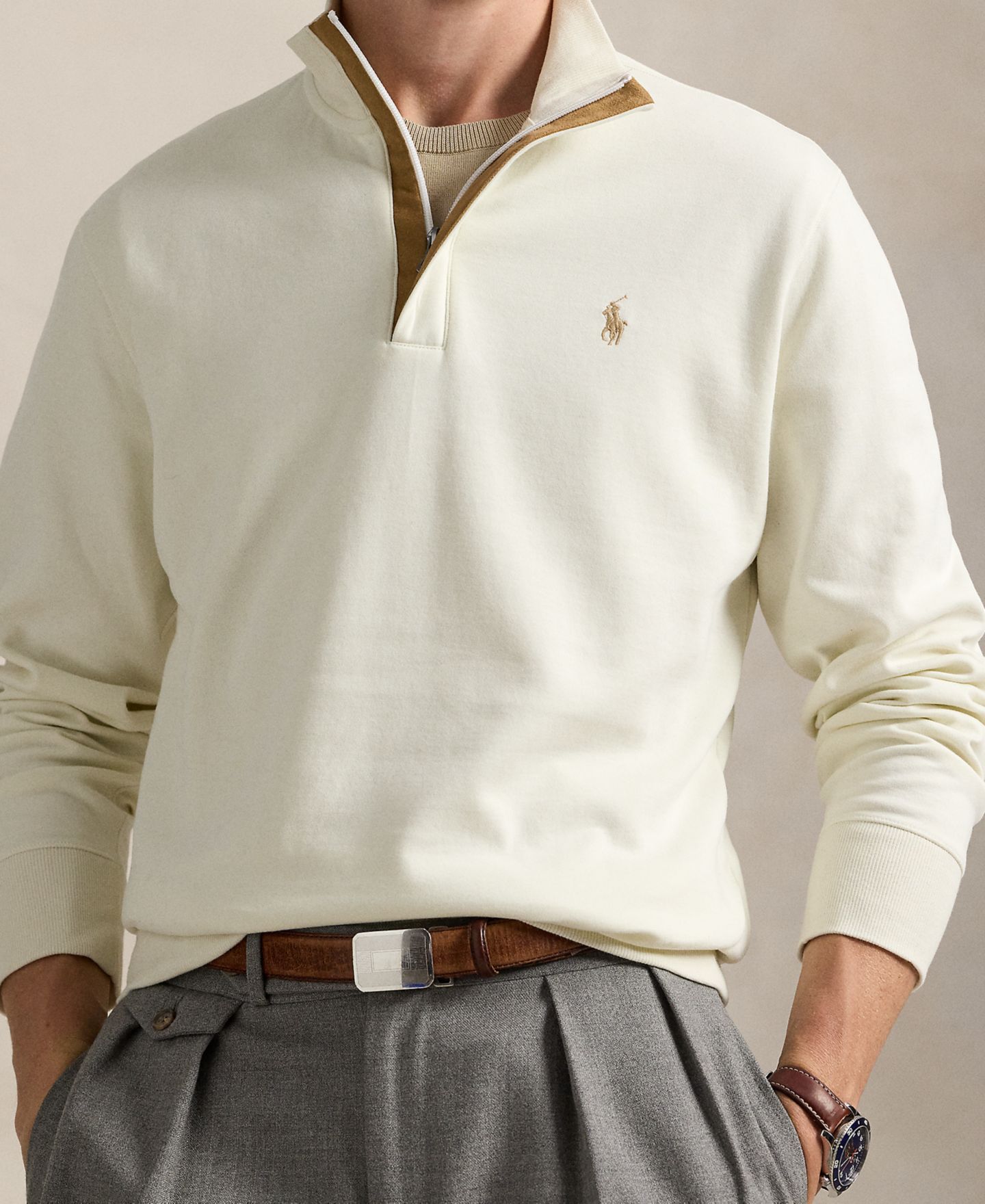 Мужской свитер Polo Ralph Lauren Luxury Jersey Quarter-Zip Pullover, цвет: Кремовый — фото 4