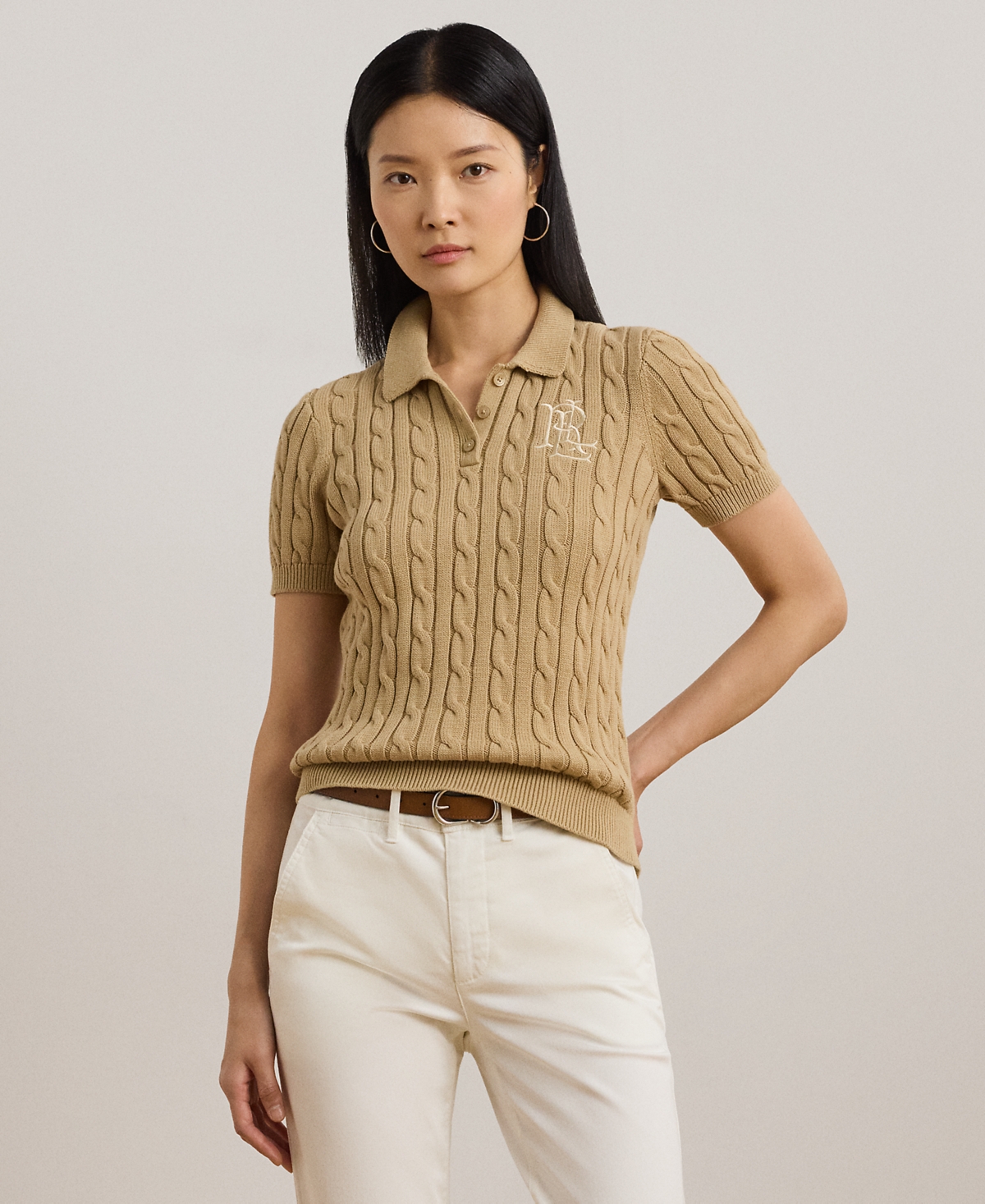 Ralph Lauren Petite Cable-knit Polo Sweater In Brown