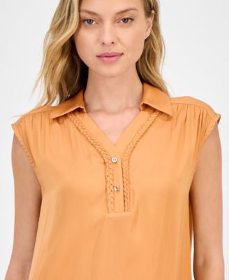 Women's Solid Collared Cap-Sleeve V-Neck Blouse