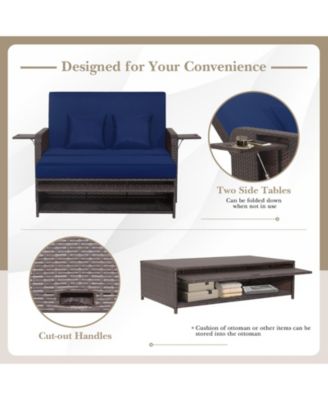 Rattan Loveseat Set Daybed Lounge w/ Storage Ottoman Side Tables Adjust Patio