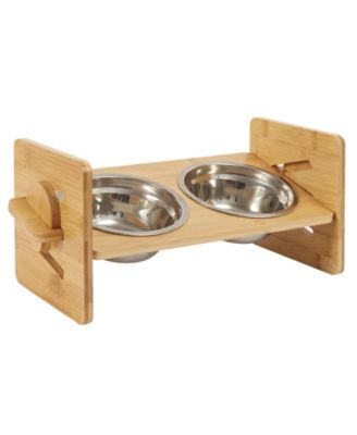   Adjustable Dual Cat Bowl Bamboo Elevated Stand Steel Pet Feeder Bowls