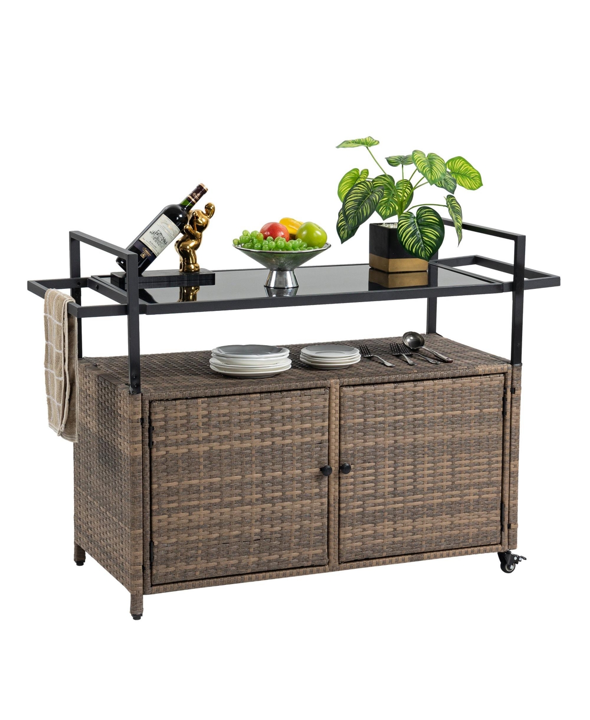 Rattan Bar Cart with Glass Top & Wheels, Black - Brown
