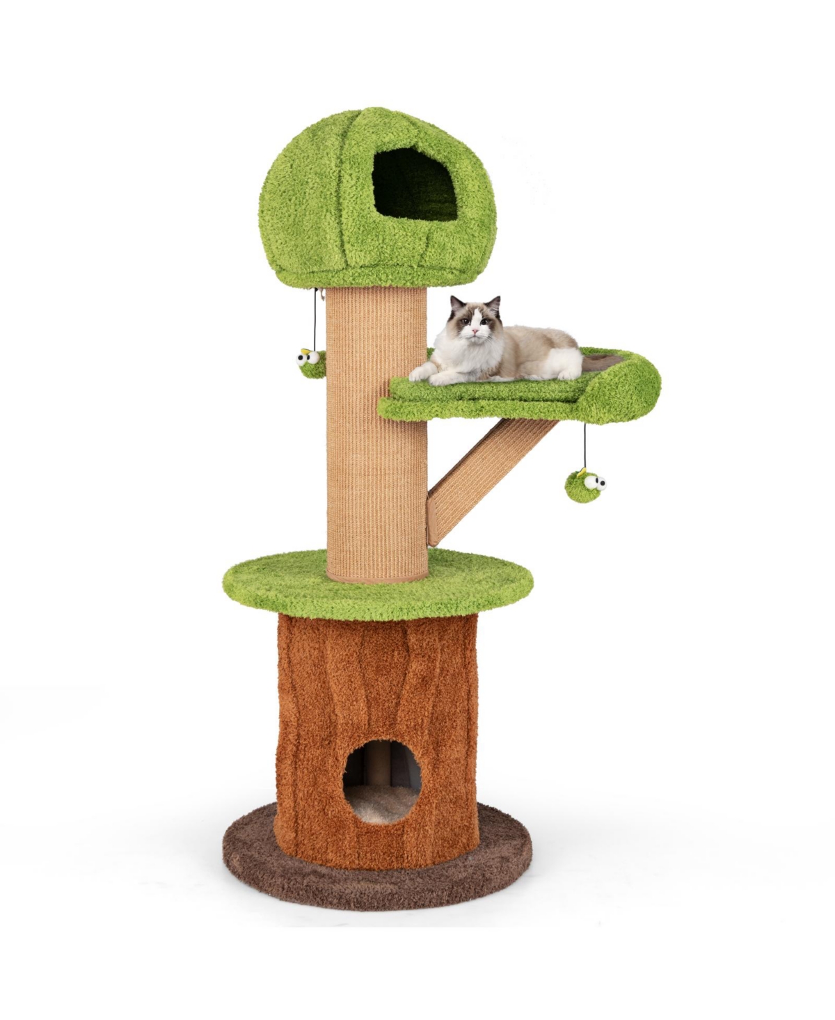 Mushroom Cat Tree for Indoor Cats with 2 Cute Condos Plush Perch and Teasing Balls - Brown, Green, Natural