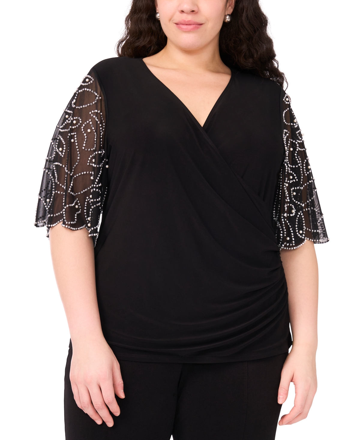 Plus Size Short-Sleeve V-Neck Top - Black