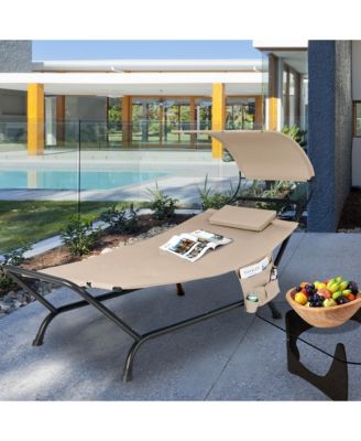 Chaise Lounge Bed with Detachable Sunshade Canopy Hammock and Rustproof Metal Stand