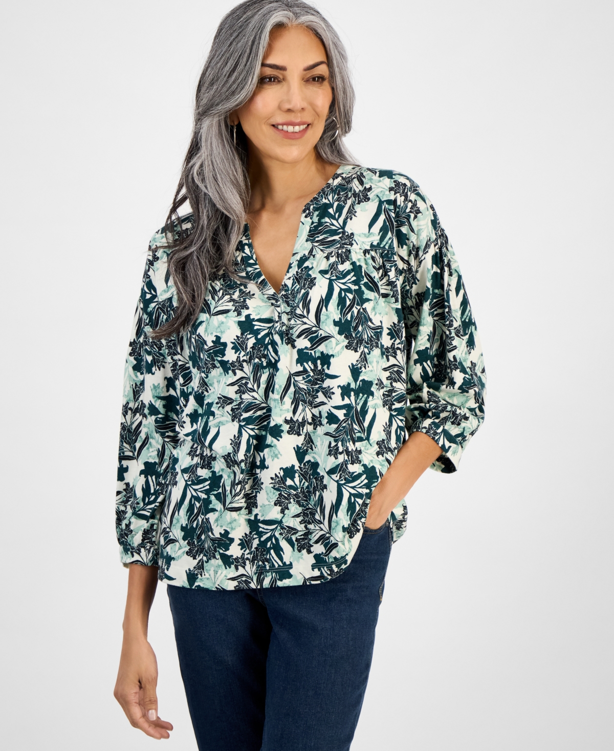 Petite Margot Lily-Print Blouse, Exclusively at Macy's - Deep Sea Combo