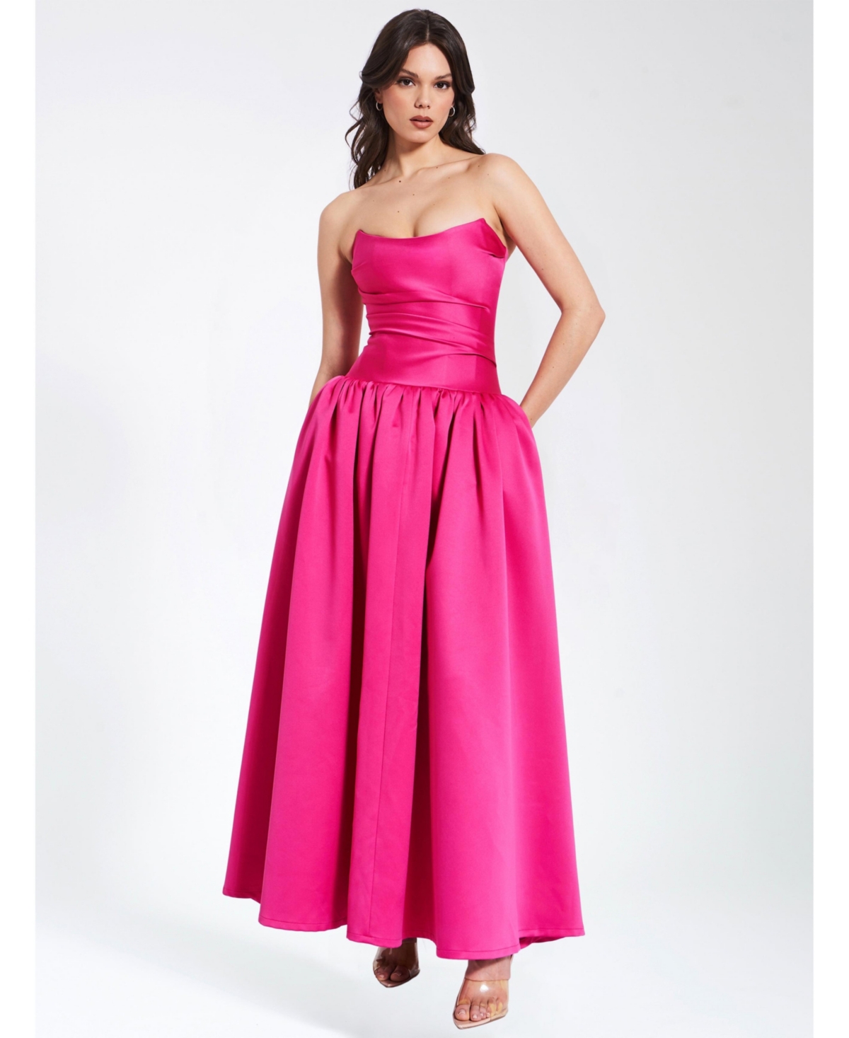 Women's Walterina Fuchsia Satin Strapless Drop Waist Corset Gown - Dark pink