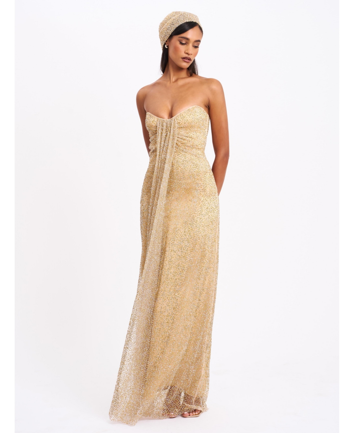 Women's Ada Gold Rhinestone Embellished Strapless Gown with Head Scarf - Gold