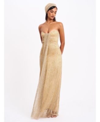 slim fit dress slacks Miss Circle The Glint Gold Ruched Chiffon Long Maxi Dress S