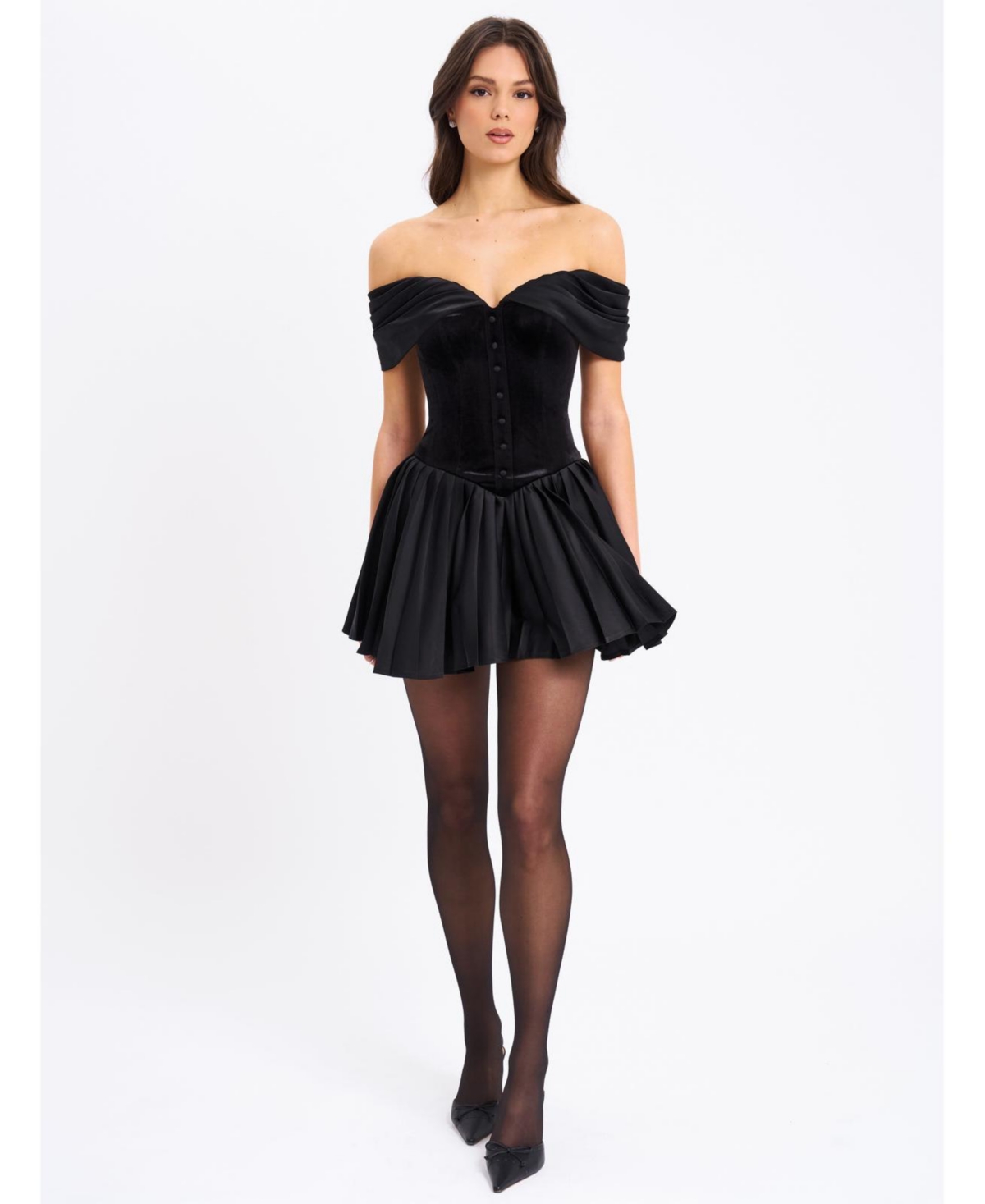 Women's Echo Black Velvet Off-shoulder Pleated Mini Dress - Black