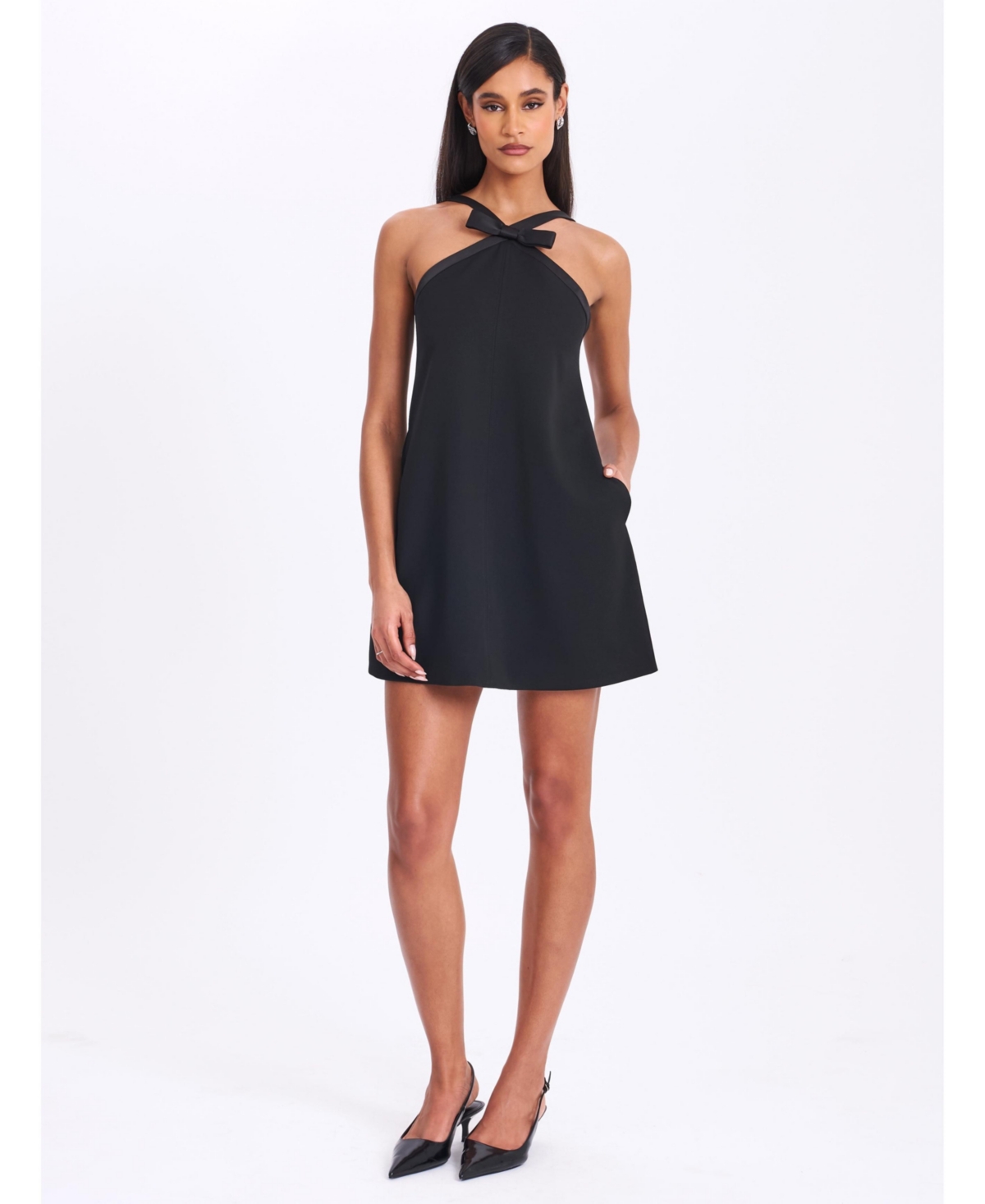 Women's Caitlin Black Satin Trim Mini Dress with Bow - Black