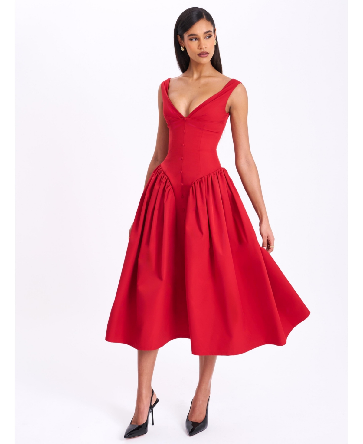 Women's Nahla Red Drop Waist Midi Dress with Buttons - Red