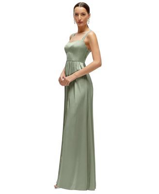 Women's Shaped Strap Portrait Neckline Fluid Satin Maxi Dress with Full Skirt