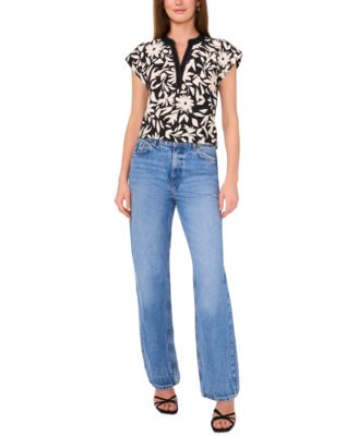 Women's Floral-Print Split-Neck Cap-Sleeve Top