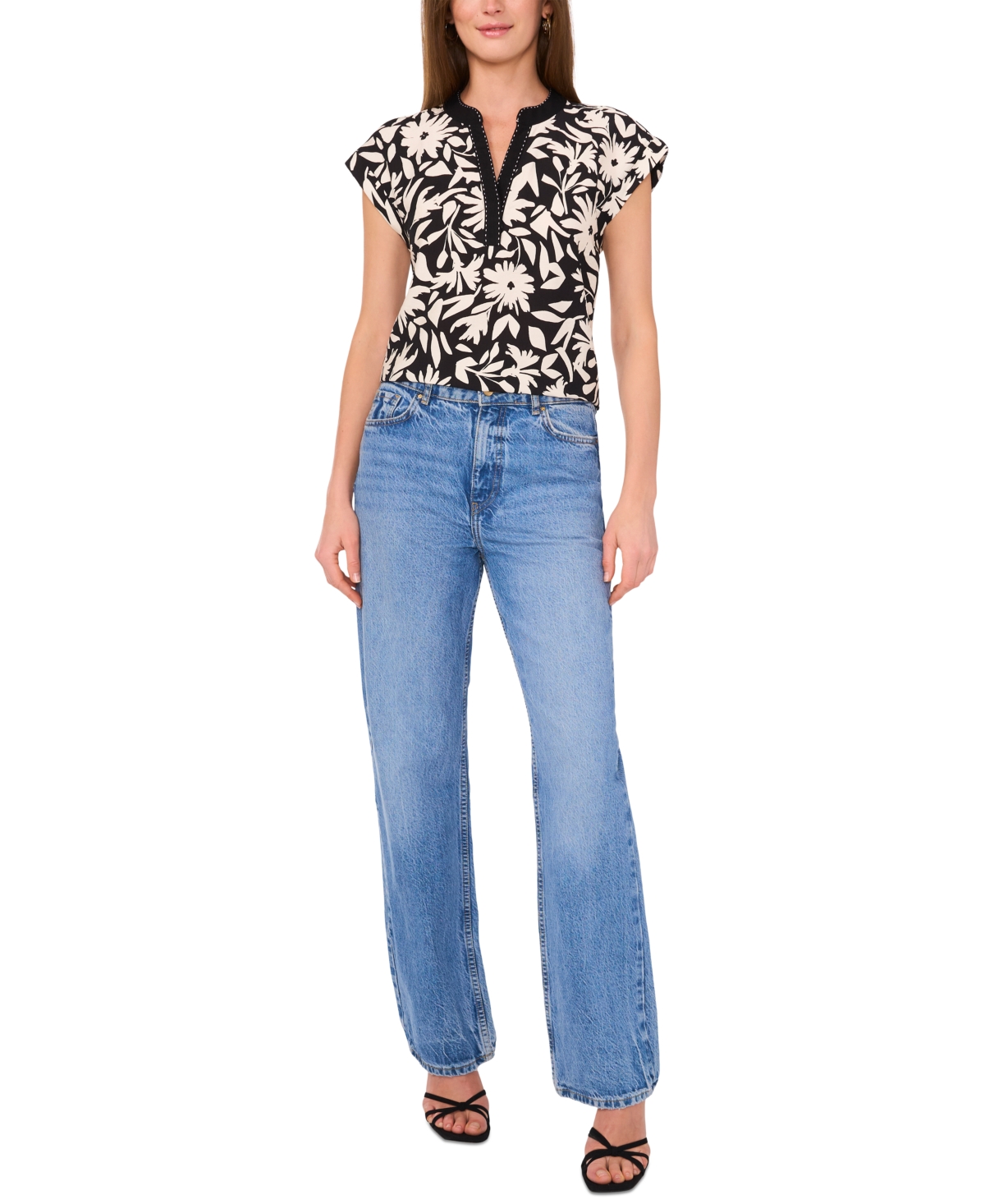 Vince Camuto Women's Floral-print Split-neck Cap-sleeve Top