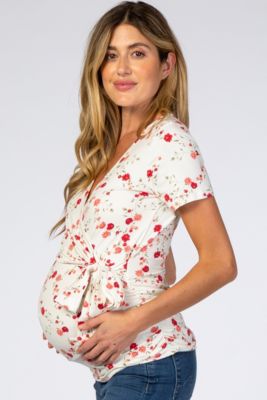 Maternity Ivory Floral Wrap Fitted Maternity/Nursing Top