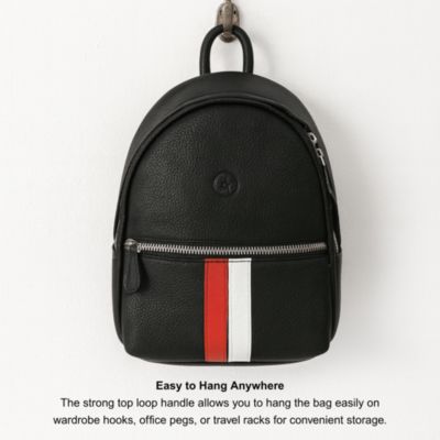 Pebbled Leather Mini Backpack with Red and White Racing Stripe, Front Zipper Pocket, Adjustable Shoulder Straps, and Compact Interior – Stylish Hands-Free Everyday Bag for Women or Teens