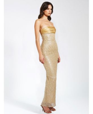 Women's Lainey Gold Satin Sequin Pearls Beaded Maxi Dress