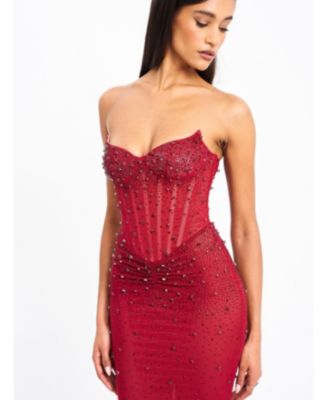 Women's Fatima Burgundy Crystal Sleeveless Corset Mermaid Maxi Dress