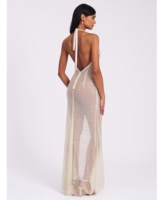 Women's Zahya Lime Halter Backless Beaded Mesh Gown