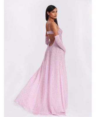 Women's Wallie Pink Rhinestone Embellished Mesh Backless Gown
