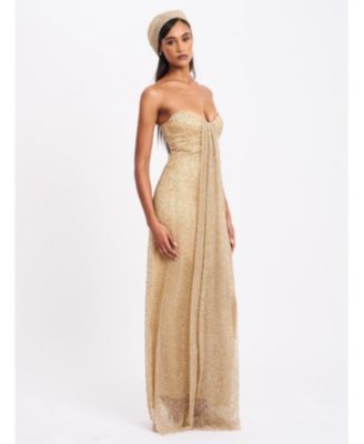 Women's Ada Gold Rhinestone Embellished Strapless Gown with Head Scarf