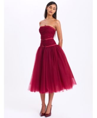 Women's Mabel Burgundy Drop Waist Layered Mesh Midi Puffy Dress with Bow