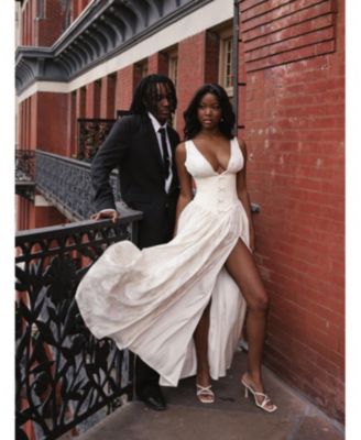 Women's Sabrina Butter Yellow High Slit Jacquard Maxi Dress