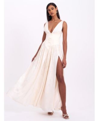 Women's Sabrina Butter Yellow High Slit Jacquard Maxi Dress