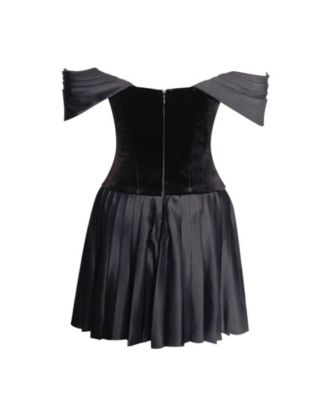 Women's Echo Black Velvet Off-shoulder Pleated Mini Dress