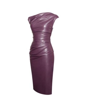Women's Sabina Purple Leather Slash Neck Midi Dress