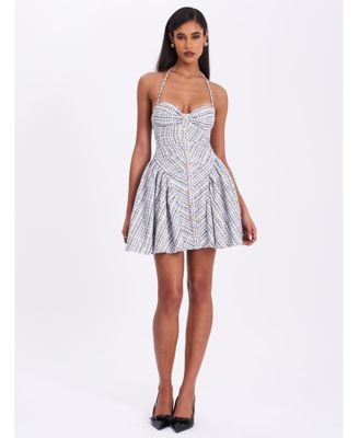Women's Melody Black and White Plaid Tweed Halter Drop Waist Mini Dress