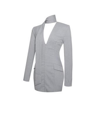 Women's Tahlia Deep V Pinstripes Gray Blazer Dress with scarf collar