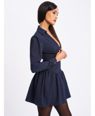 Women's Xabrina Navyblue Pinstripe Long Sleeve Shirt Mini Dress