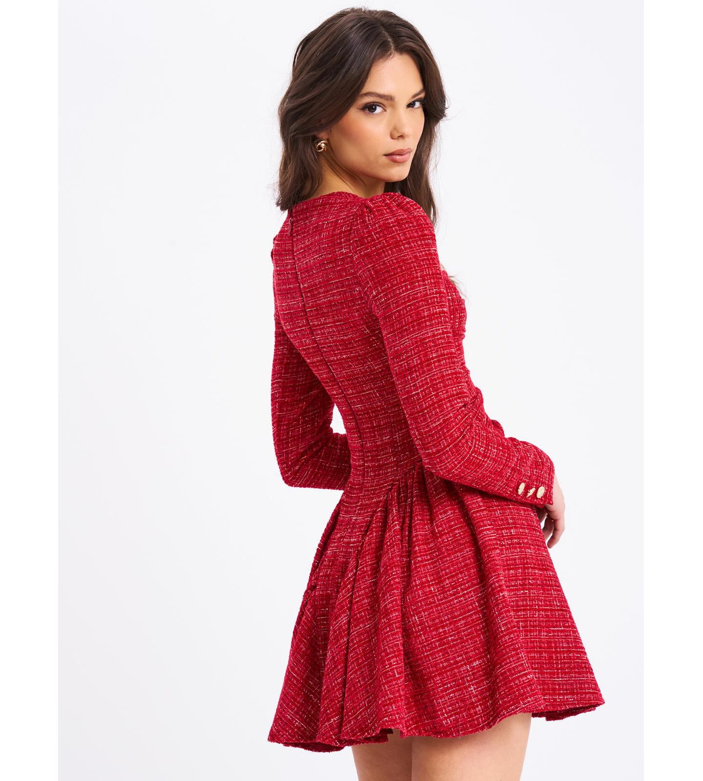 Женское платье Miss Circle Tae Red Tweed Long Sleeve Drop Waist Mini, цвет: Красный — фото 3