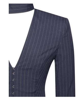 Women's Tahlia Deep V Pinstripes Navy Blue Blazer Dress with scarf collar