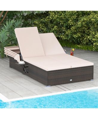 2-person Rattan Lounge Bed w/ Retractable Canopy 5-position Adjustable Backrest