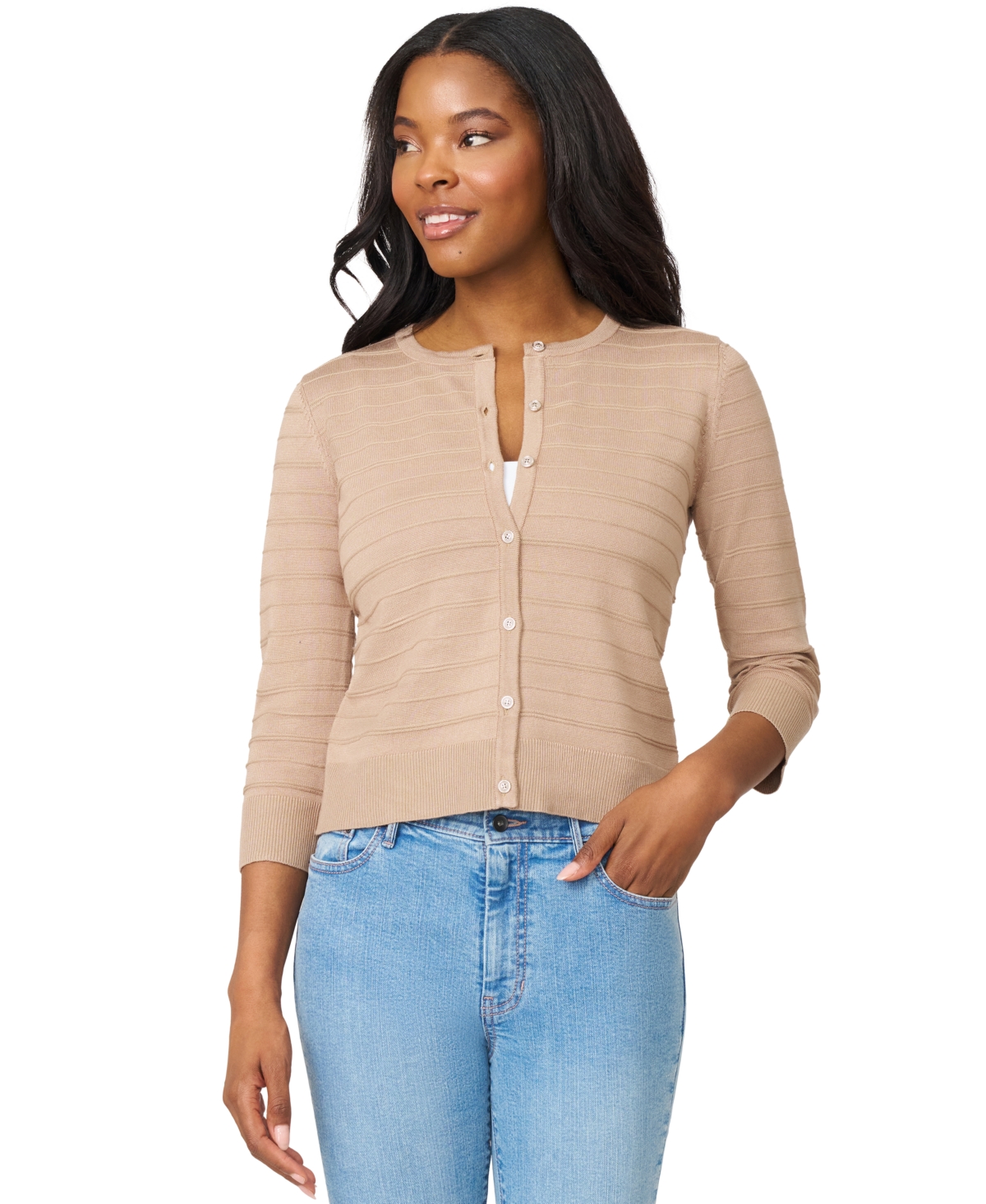Melissa Paige Women's Ottoman-rib 3/4-sleeve Crewneck Cardigan In Brown