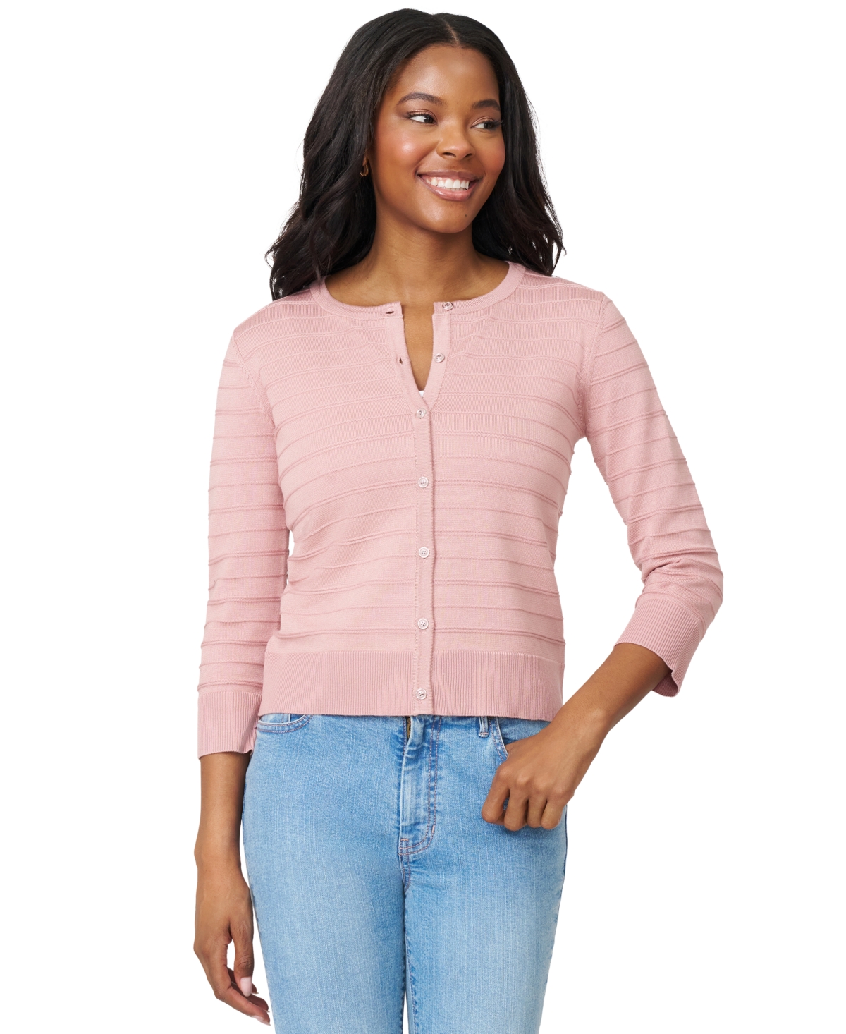 Melissa Paige Women's Ottoman-rib 3/4-sleeve Crewneck Cardigan In Pink