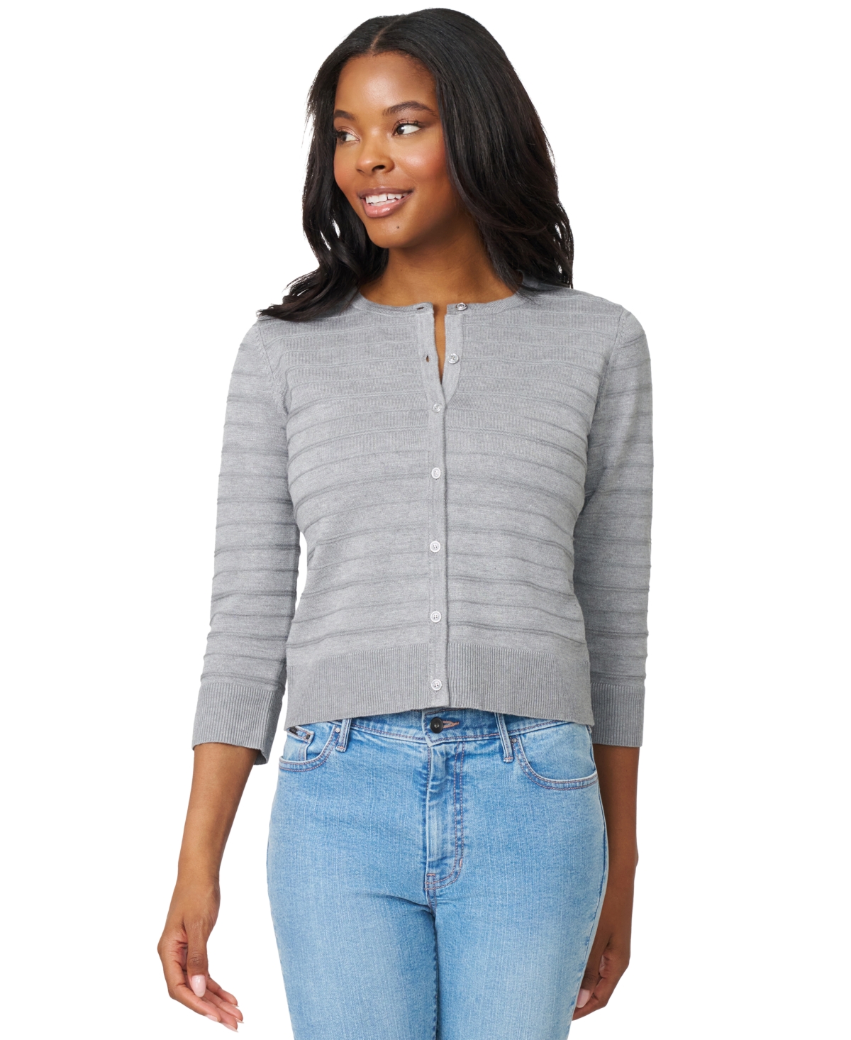 Melissa Paige Women's Ottoman-rib 3/4-sleeve Crewneck Cardigan In Gray