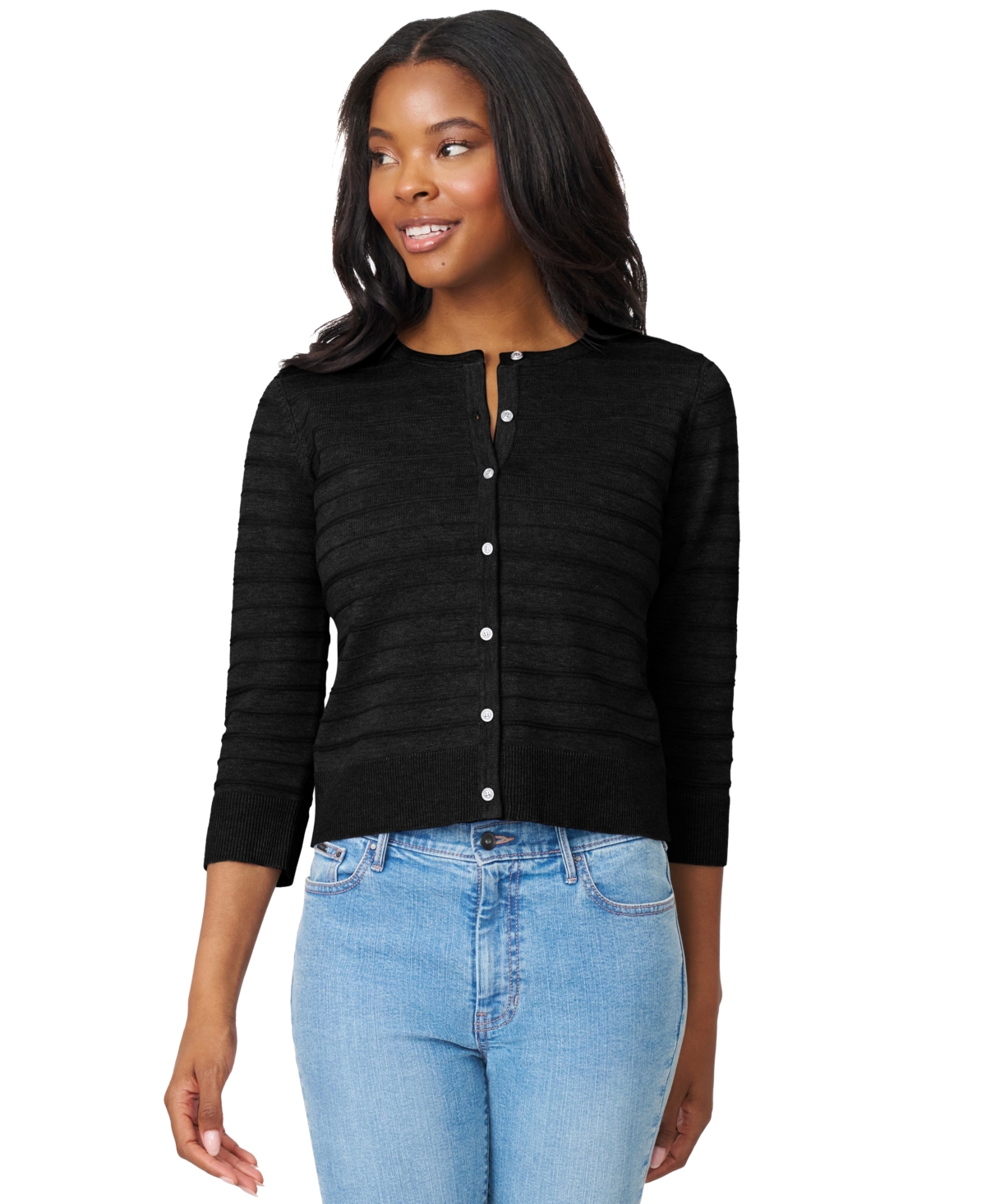 Melissa Paige Women's Ottoman-rib 3/4-sleeve Crewneck Cardigan In Black
