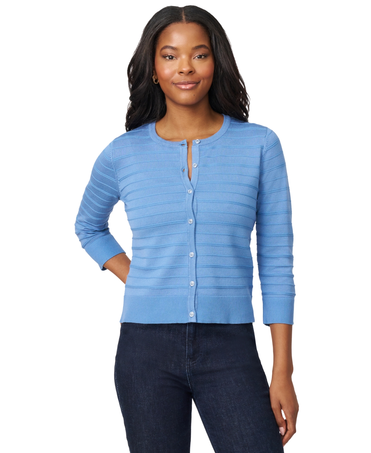 Melissa Paige Women's Ottoman-rib 3/4-sleeve Crewneck Cardigan In Blue