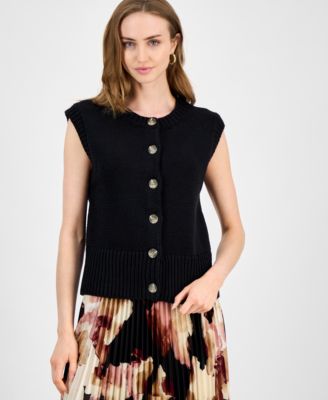 Petite Button-Front Ribbed-Hem Stitch Sweater