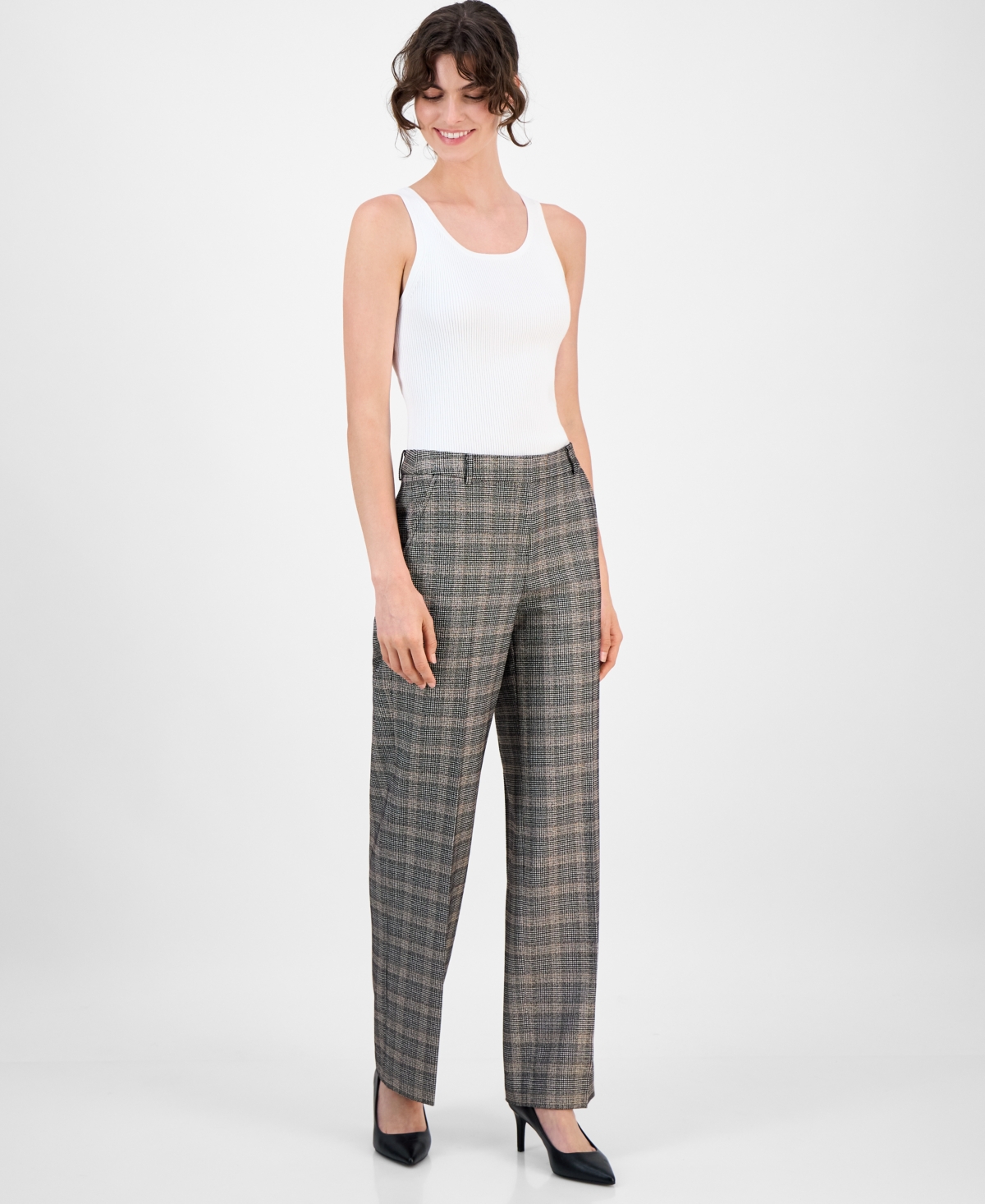 Women's Plaid Wide-Leg Mid-Rise Pants - Anne Black Multi
