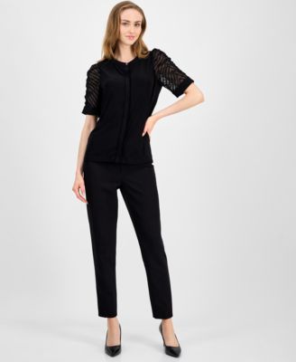 Petite Mixed-Media Elbow-Sleeve Hidden-Placket Top